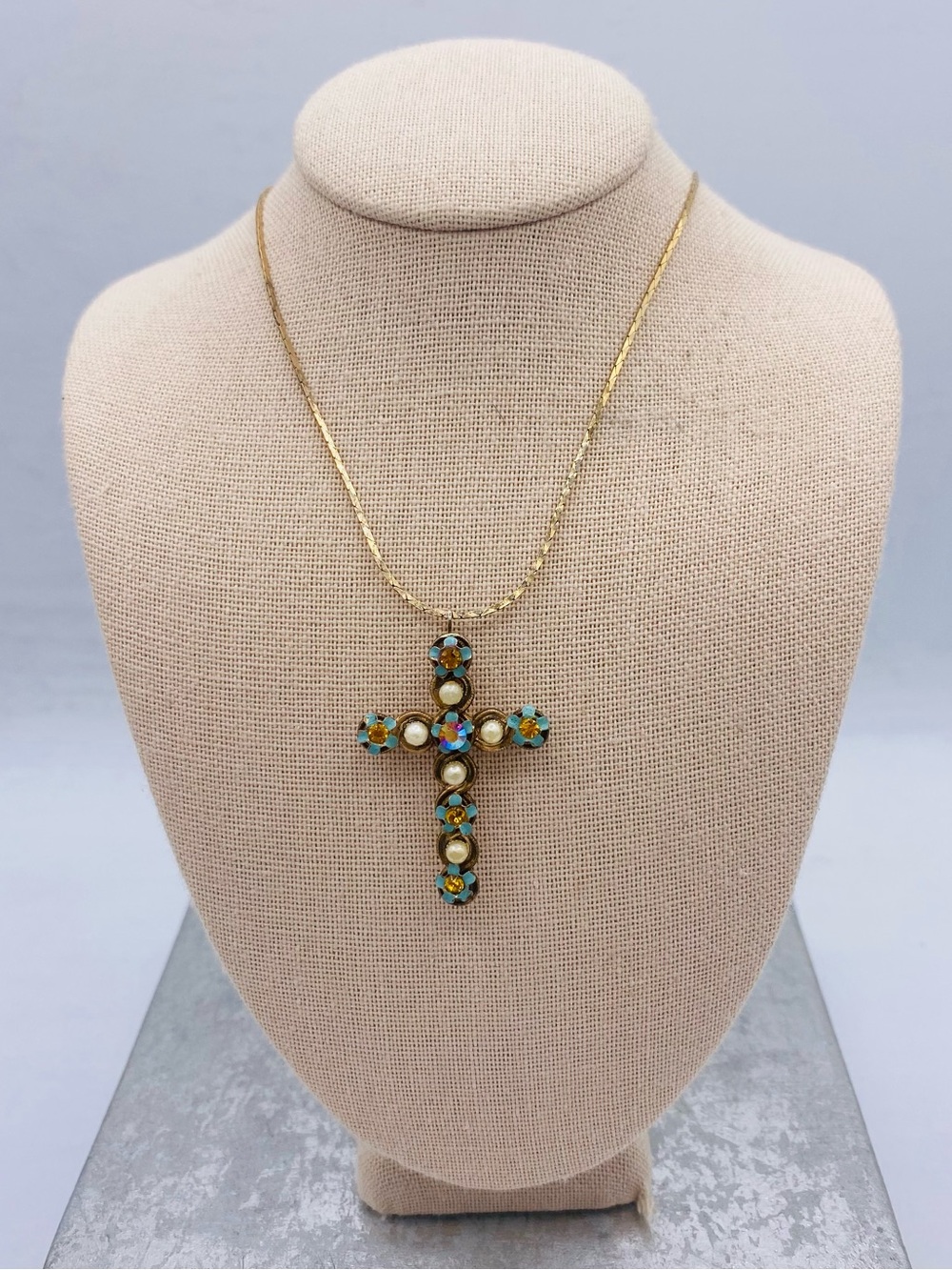 Vintage Cross Pendant/Brooch Necklace With Blue Flowers,Pearl and  Rhinestones